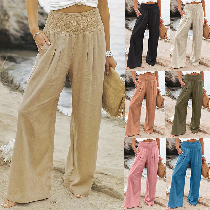 Damen Weite Leinenhose mit Smokbund und Eingrifftaschen Nord Taschen