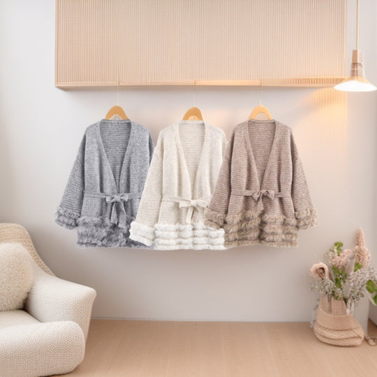 Damen Strick-Cardigan mit Bindegürtel und Faux-Fur-Besatz Nord Taschen