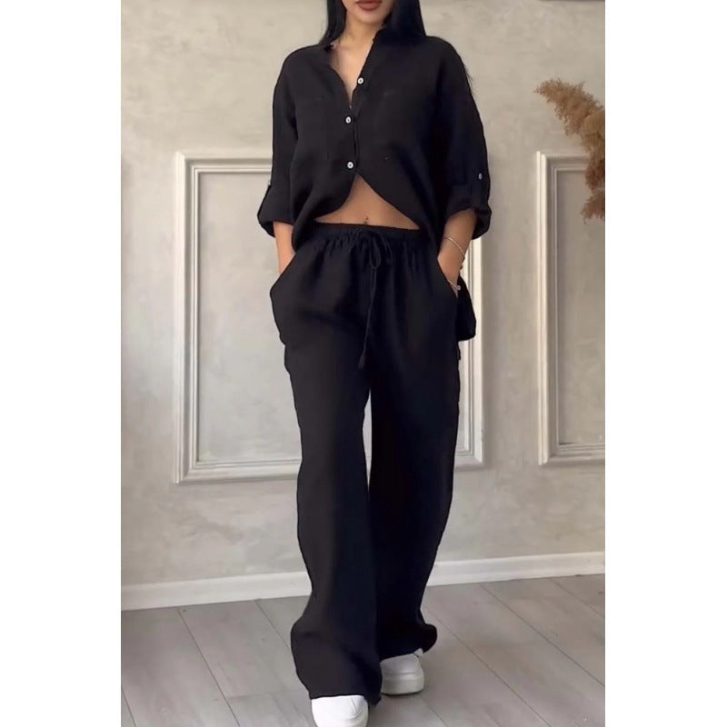 Damen Weite Leinenmix-Hose mit hohem Elastikbund, Kordelzug und Palazzo-Silhouette Nord Taschen