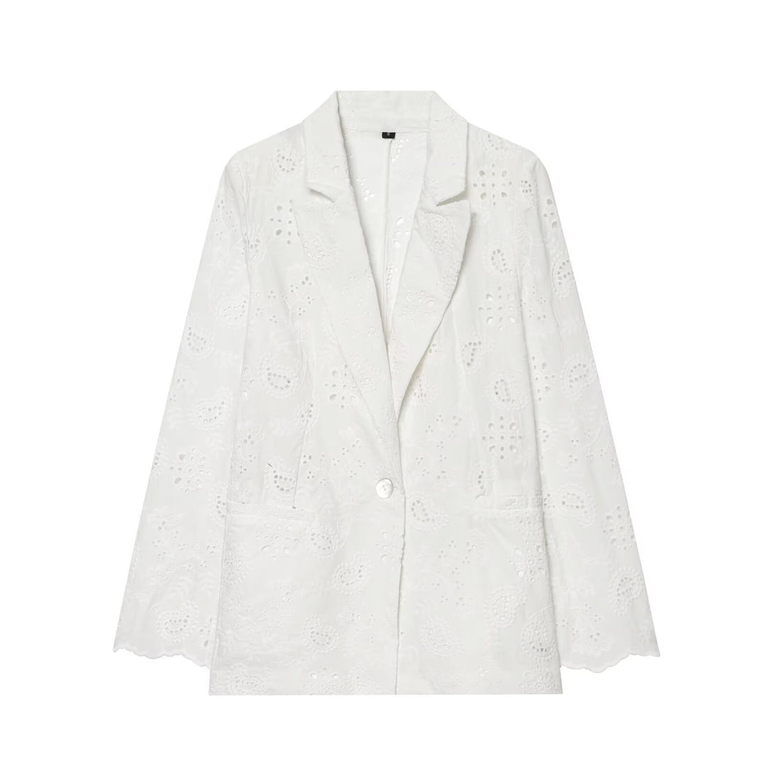 Damen Leichter Broderie-Anglaise-Blazer mit Schalkragen und Lochstickerei Nord Taschen