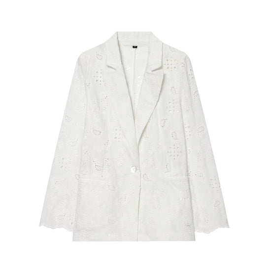 Damen Leichter Broderie-Anglaise-Blazer mit Schalkragen und Lochstickerei Nord Taschen