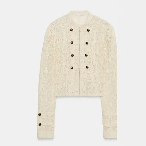 Damen Kurze Spitzenjacke im Military‑Look mit Stehkragen und Zierknopfleiste Nord Taschen
