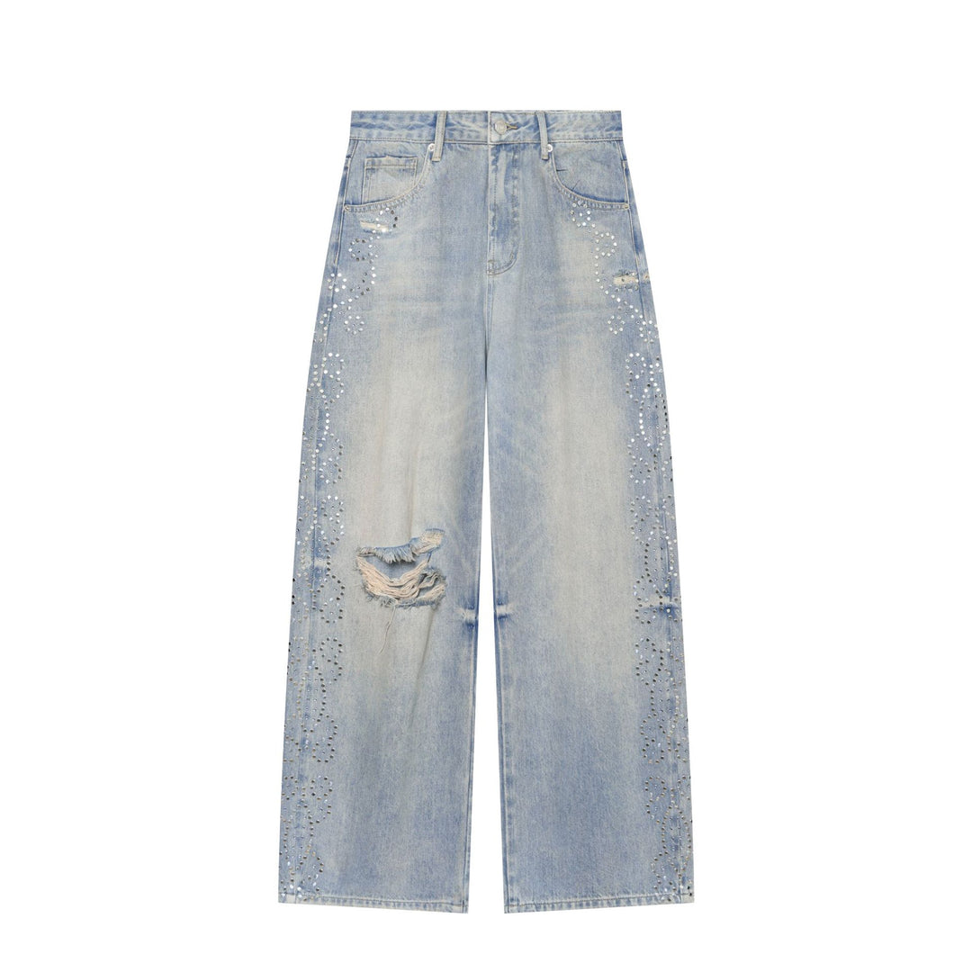 Damen Hochgeschnittene weite Jeans im verwaschenen Look mit Rissen und Nietenapplikation Nord Taschen