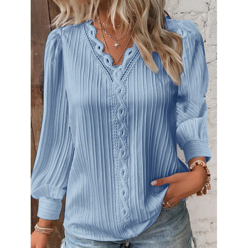 Damen Plissierte V‑Ausschnitt Bluse mit Spitzenbesatz und Ballonärmeln Nord Taschen