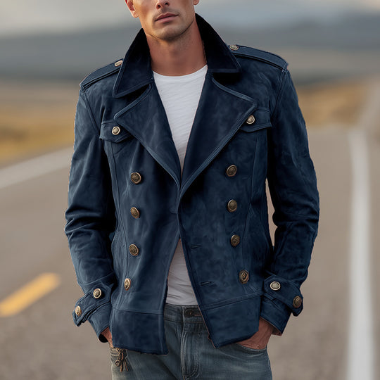 Herren Doppelreihige Lederjacke im Vintage-Look mit Schalkragen und Schulterklappen Nord Taschen
