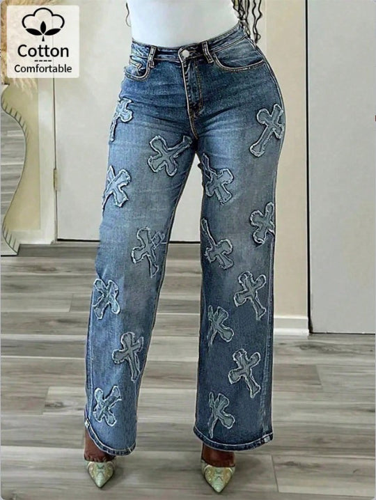 Damen Hochtaillierte gerade geschnittene Jeanshose mit Kreuzapplikationen aus Baumwoll-Jeansstoff Nord Taschen