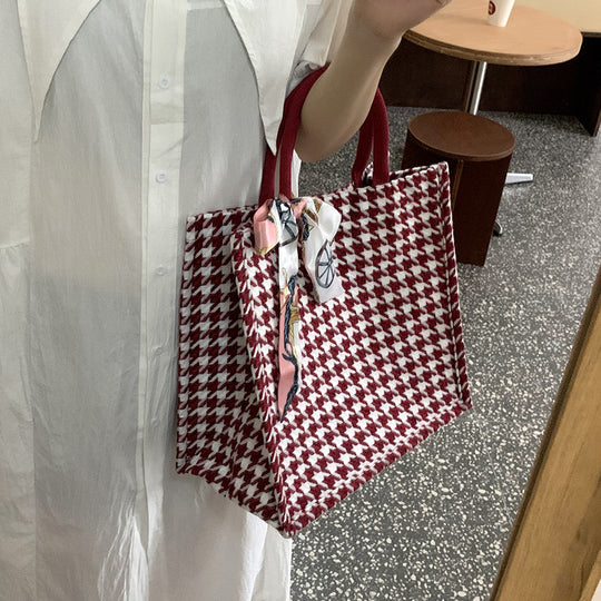 Damen Jute-Tragetasche mit elegantem Karomuster und dekorativen Schleifenakzenten Nord Taschen