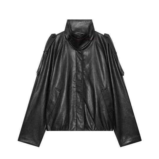 Damen Oversized Cropped Lederoptik‑Jacke mit hohem Stehkragen und Epauletten Nord Taschen