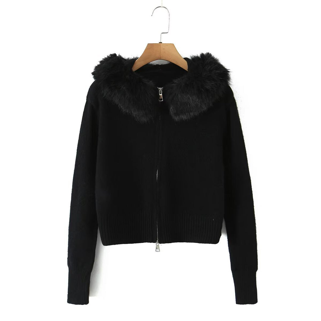 Damen Kurze Strickjacke mit Reißverschluss und abnehmbarem Kunstfellkragen Nord Taschen