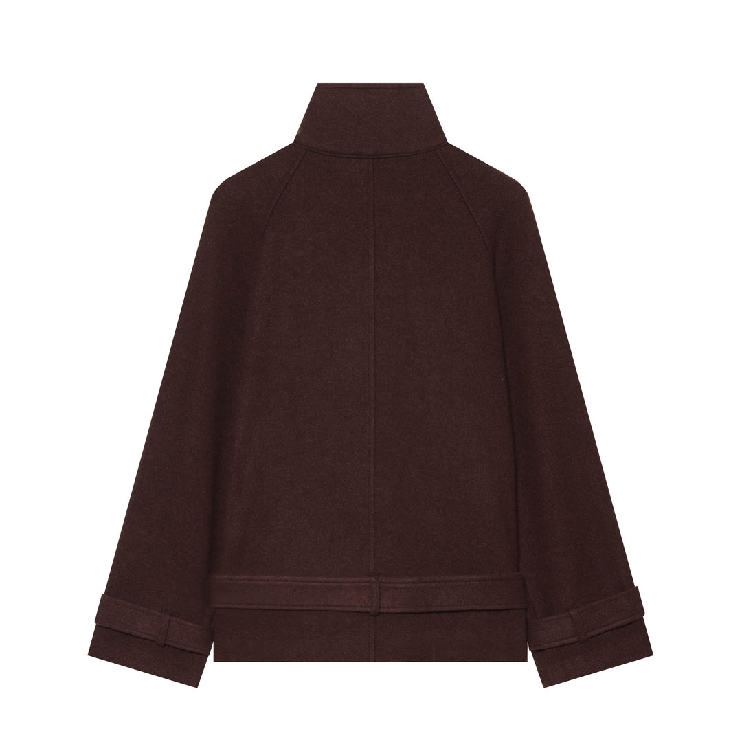 Damen Kurzer doppeltreihiger Wollmantel mit Taillengürtel und Stehkragen Nord Taschen