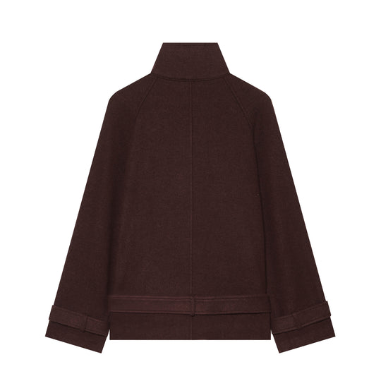 Damen Kurzer doppeltreihiger Wollmantel mit Taillengürtel und Stehkragen Nord Taschen