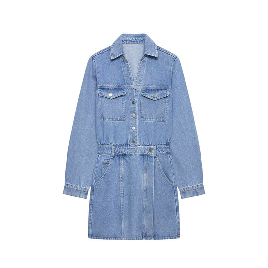 Damen Jeanskleid mit Hemdblusenkragen Taillengürtel und aufgesetzten Taschen Nord Taschen