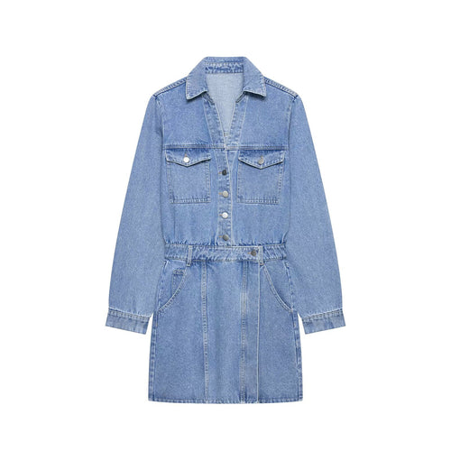 Damen Jeanskleid mit Hemdblusenkragen Taillengürtel und aufgesetzten Taschen Nord Taschen