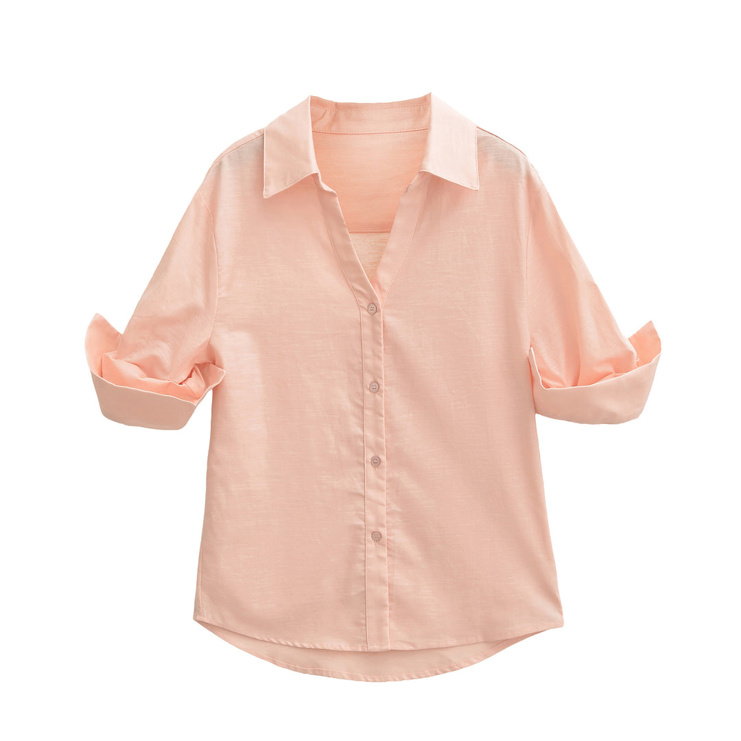 Damen Leichte Oversize Leinenoptik-Bluse mit Kentkragen und krempelbaren Ärmeln Nord Taschen