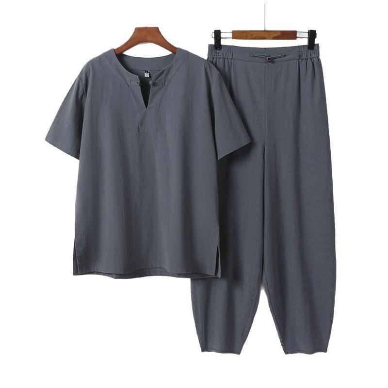 Herren Zweiteiliges Set mit Kurzarm-Stehkragenhemd und elastischer Haremshose Nord Taschen