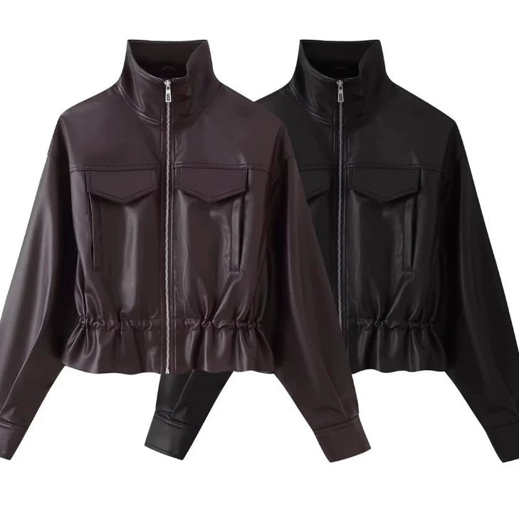 Damen Kurz geschnittener Kunstleder-Blouson mit hohem Stehkragen, Brustpatten und Tunnelzug Nord Taschen