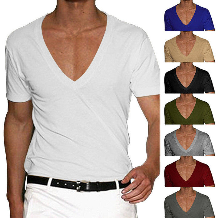 Herren nan tief ausgeschnittenes V-Ausschnitt Kurzarmshirt aus Baumwollstretch mit tailliertem Schnitt