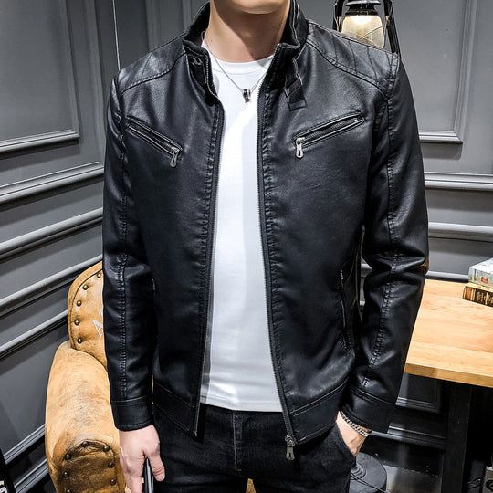 Herren Slim-Fit Kunstleder‑Racerblouson mit Stehkragen und Reißverschluss‑Brusttaschen Nord Taschen