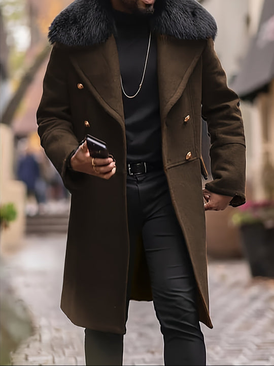 Herren Langer Doppelreihiger Mantel mit voluminösem Teddykragen und eleganten Metallknöpfen Nord Taschen