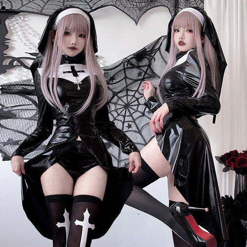 Damen Gothic Nonnenkostüm mit ausdrucksstarkem Design und transparentem Überrock Nord Taschen