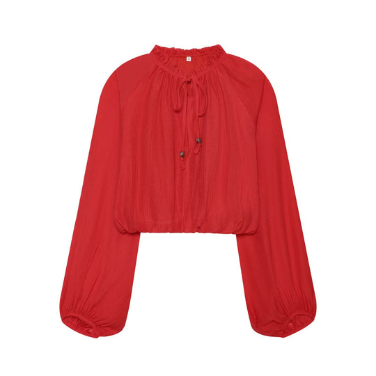 Damen Leichtes plissiertes Crop-Top mit Rüschenkragen und Kordelzug Nord Taschen