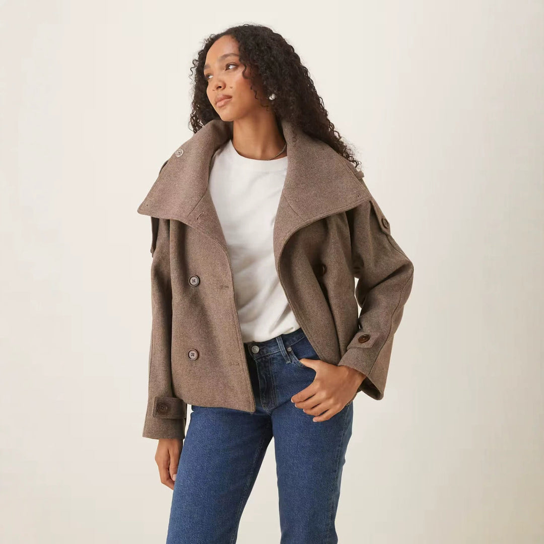 Damen Kurzer Doppelreihiger Woll-Peacoat mit Stehkragen Nord Taschen