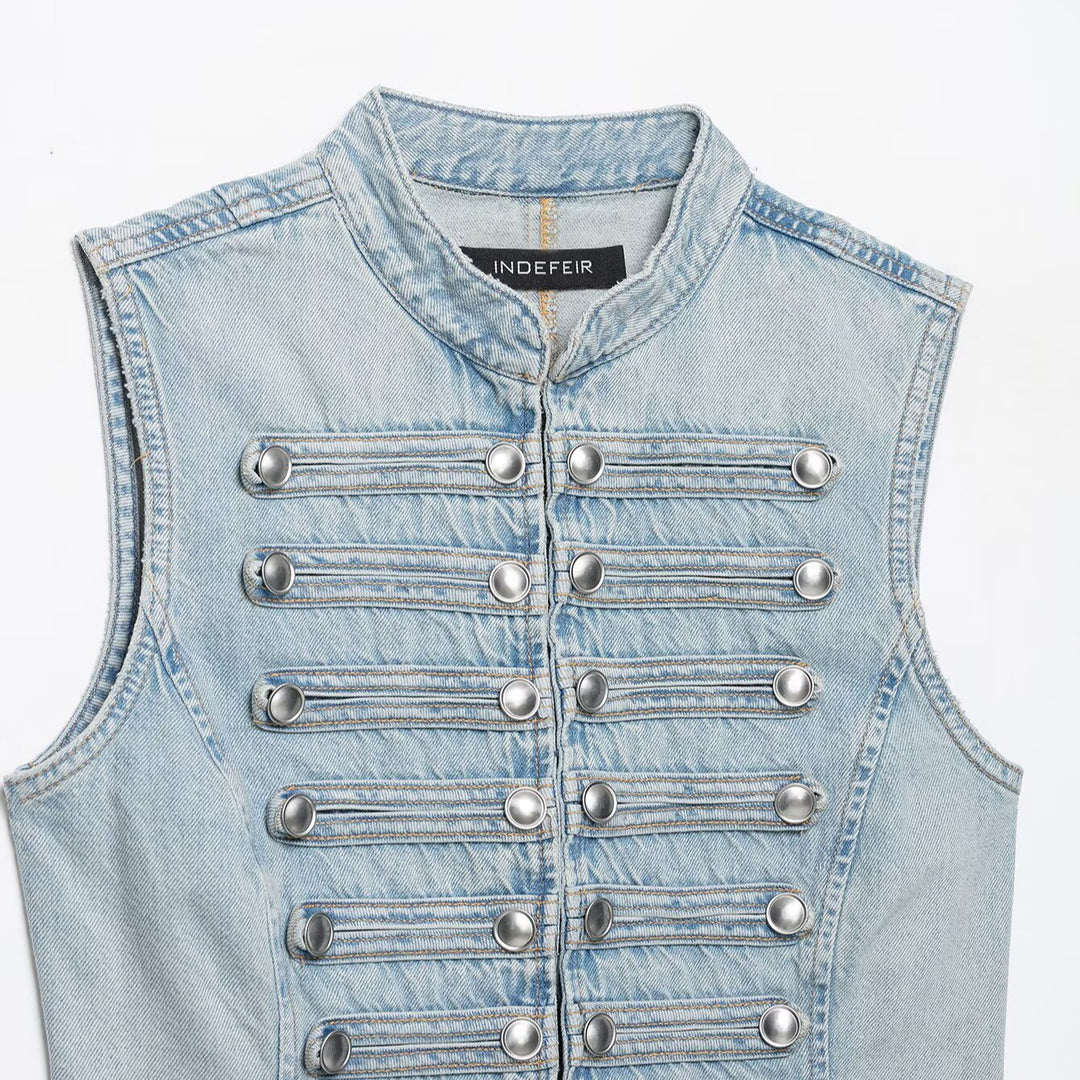 Damen Jeansweste im Military-Look mit Stehkragen und dekorativer Druckknopfleiste Nord Taschen