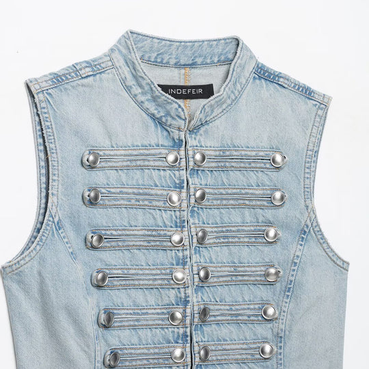Damen Jeansweste im Military-Look mit Stehkragen und dekorativer Druckknopfleiste Nord Taschen