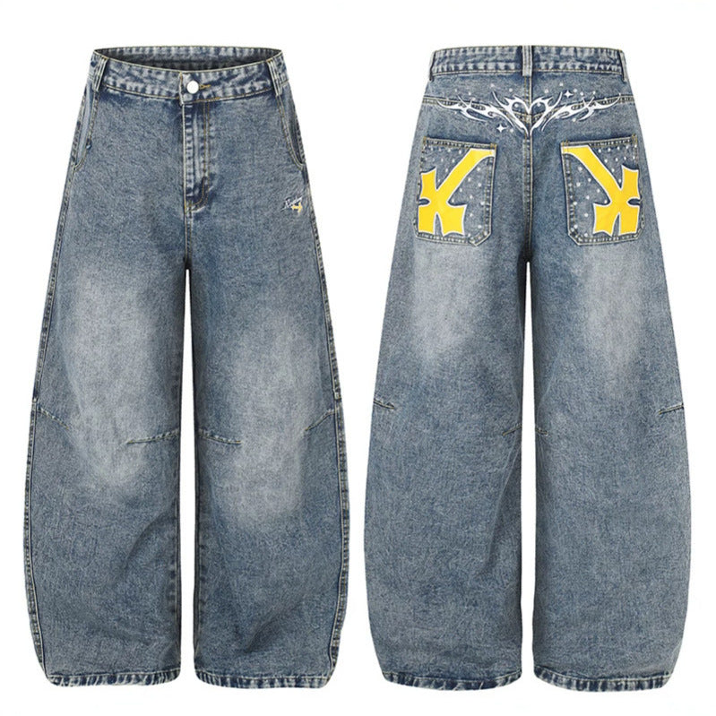 Damen Extraweite High‑Waist Palazzo-Jeans mit verzierten Gesäßtaschen Nord Taschen