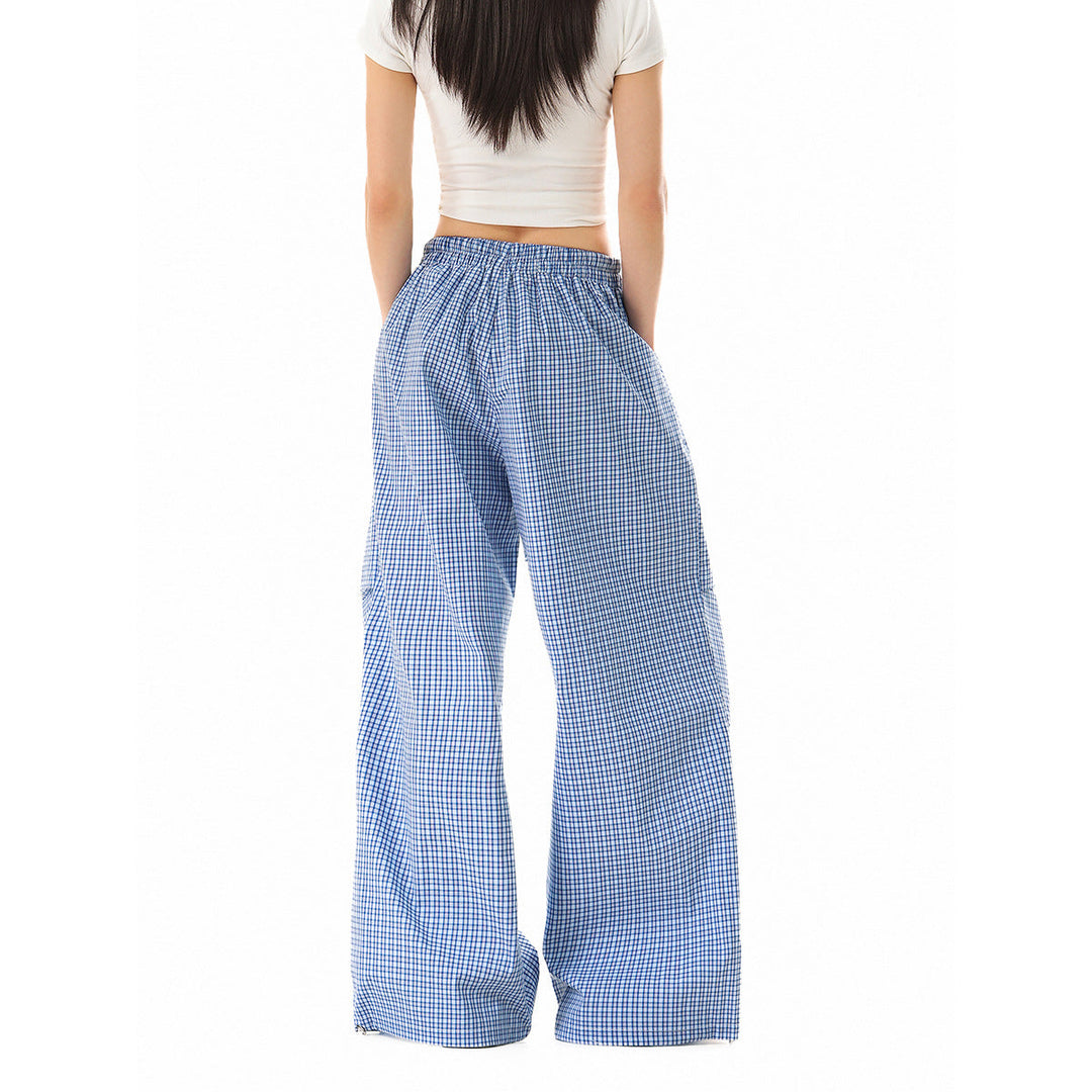 Damen Weite Baumwollhose mit elastischem Bund, Karomuster und verstellbarer Saumkordel Nord Taschen