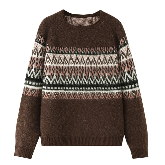 Damen Oversize Mohair-Mix Pullover mit Rundhals und Fair-Isle-Muster Nord Taschen