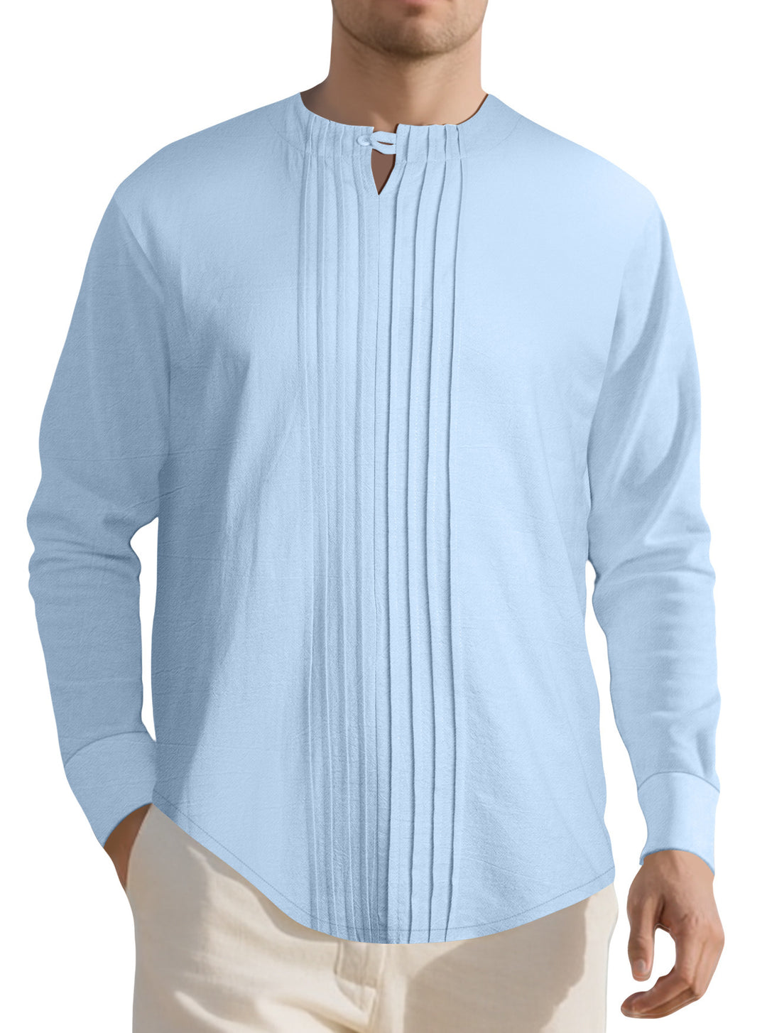 Herren Leichtes Langarmshirt im Leinenlook mit Stehkragen, Kellerfalten und Schlaufenverschluss Nord Taschen