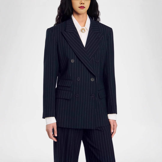 Damen Zweireihiger Nadelstreifen-Hosenanzug mit Oversize-Blazer und weitem Bundfaltenhose Nord Taschen