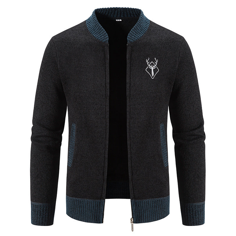 Herren lässiger Zip-Strickblouson mit weichem Thermofutter, geripptem Stehkragen und Hirsch-Logo Nord Taschen