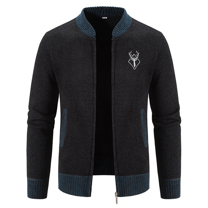 Herren lässiger Zip-Strickblouson mit weichem Thermofutter, geripptem Stehkragen und Hirsch-Logo Nord Taschen