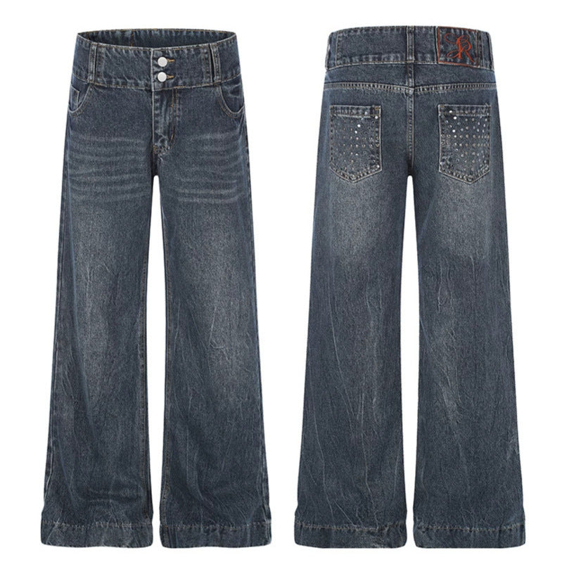 Damen High-Waist Weite Palazzo-Jeans mit Doppelknopf und ausgestelltem Bein Nord Taschen