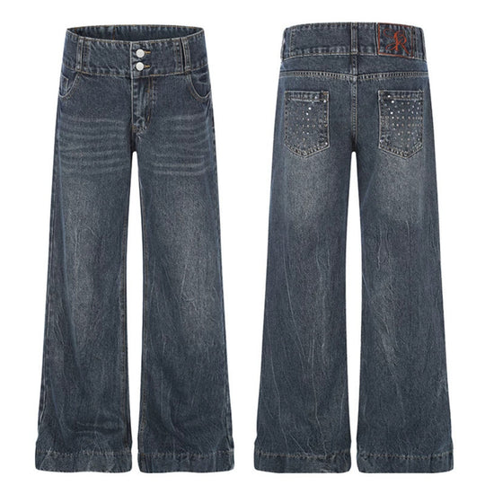 Damen High-Waist Weite Palazzo-Jeans mit Doppelknopf und ausgestelltem Bein Nord Taschen