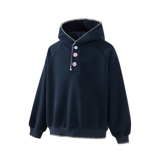 Damen Kapuzenpullover mit halber Knopfleiste, dekorativer Sattelnaht und Oversize-Schnitt Nord Taschen