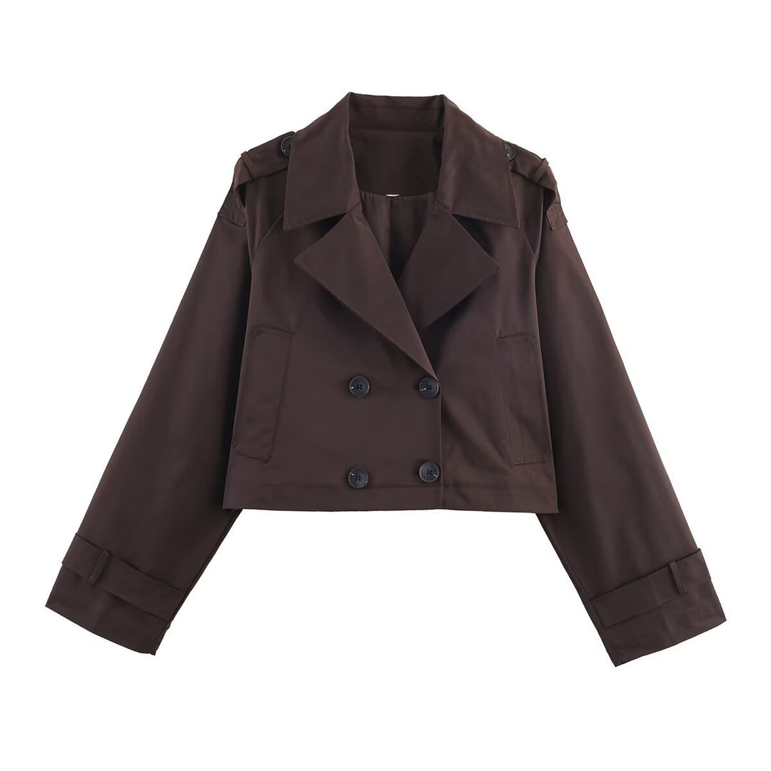 Damen Kurzgeschnittene Trenchjacke im Boxy‑Schnitt mit Doppelreiher und Schulterriegeln Nord Taschen