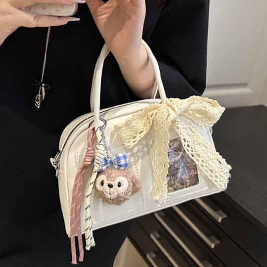 Damen Mini-Handtasche mit niedlichem Plüschanhänger und filigraner Schleifenverzierung Nord Taschen