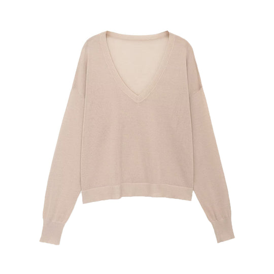Damen Oversize-Feinstrickpullover mit tiefem V-Ausschnitt und gerippten Bündchen Nord Taschen