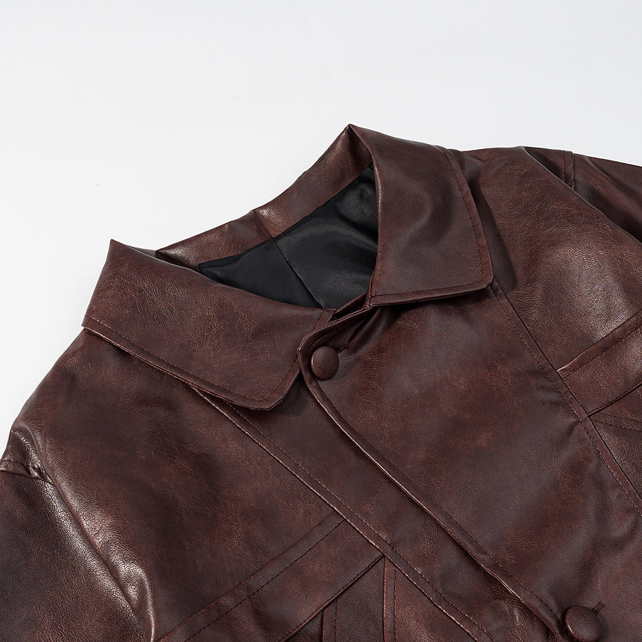 Damen Kurz geschnittene Oversize-Lederjacke mit Rundkragen und Pattentaschen Nord Taschen