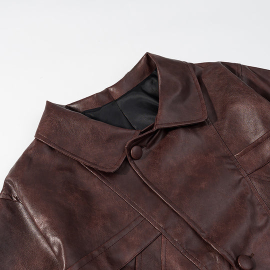 Damen Kurz geschnittene Oversize-Lederjacke mit Rundkragen und Pattentaschen Nord Taschen