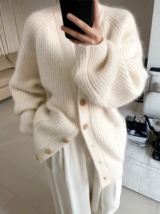 Damen Langer Oversize-Cardigan aus weichem Rippstrick mit Holzknopfleiste Nord Taschen