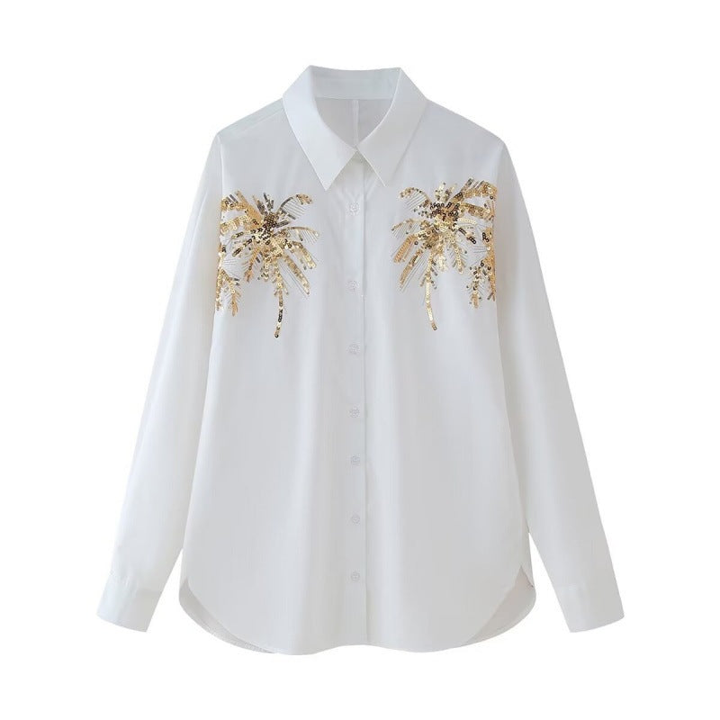 Damen Oversize-Hemdbluse mit Palm-Motiv aus goldenen Pailletten Nord Taschen