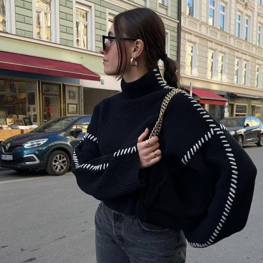 Damen Oversized Cropped Strickpullover mit Kontraststich und Raglanärmeln Nord Taschen