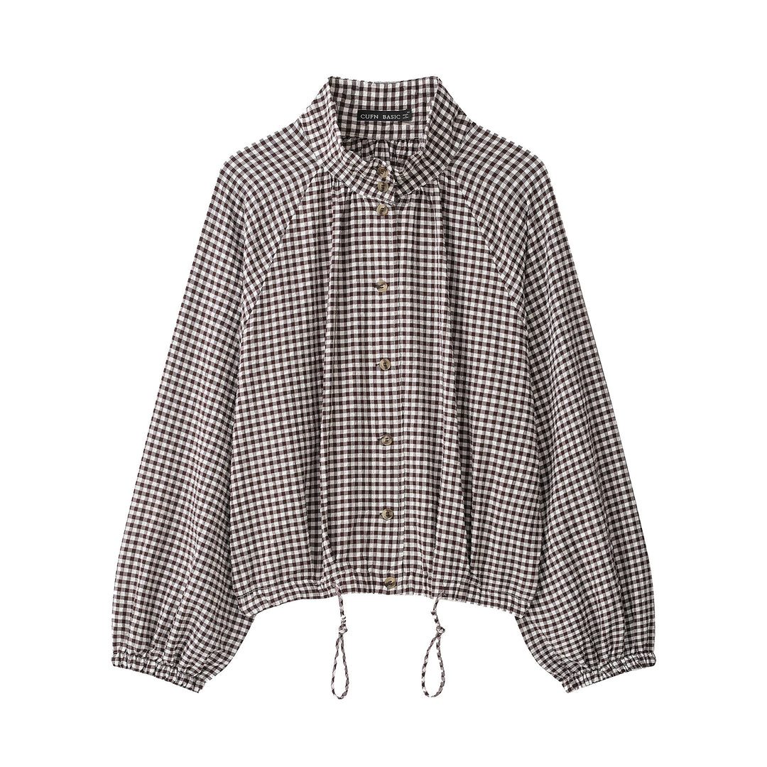 Damen 10+ kariertes Cropped‑Blusenjacke mit Stehkragen, Tunnelzugsaum und Ballonärmeln Nord Taschen