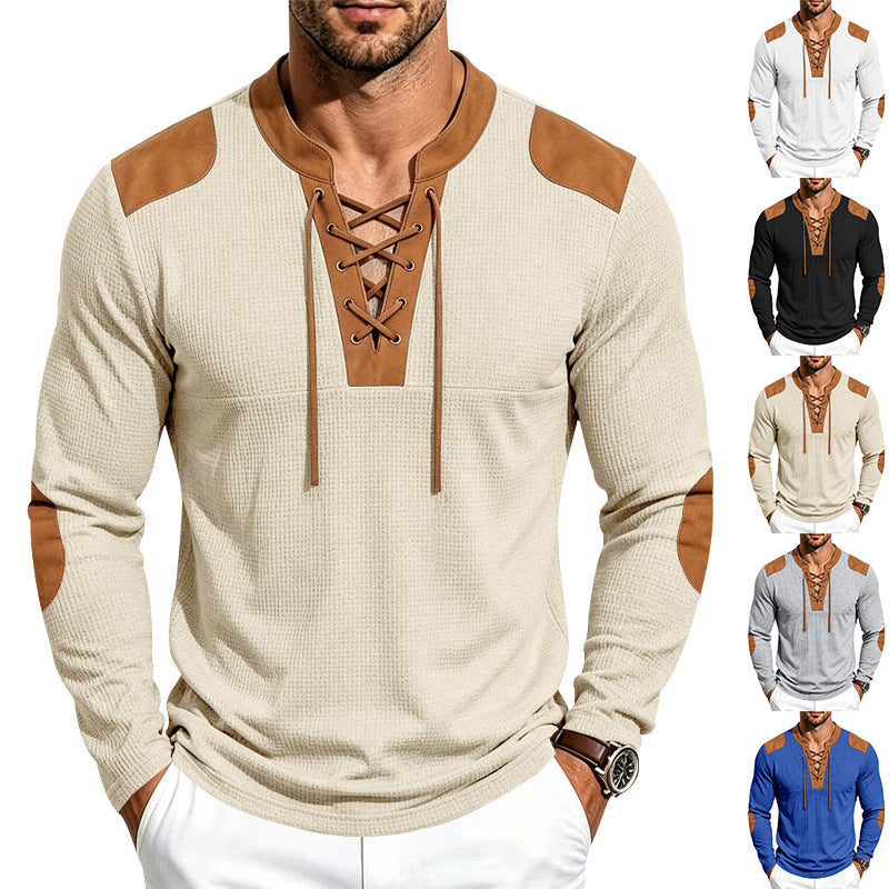 Herren Waffelstrick-Langarmshirt mit Schnürkragen und Kunstleder-Patches Nord Taschen