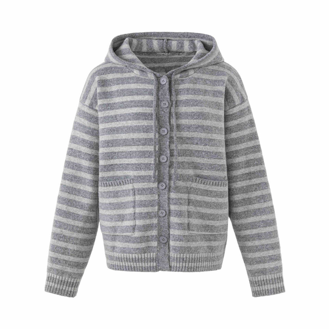 Damen Kapuzenstrickjacke mit Knopfleiste und Blockstreifen Nord Taschen