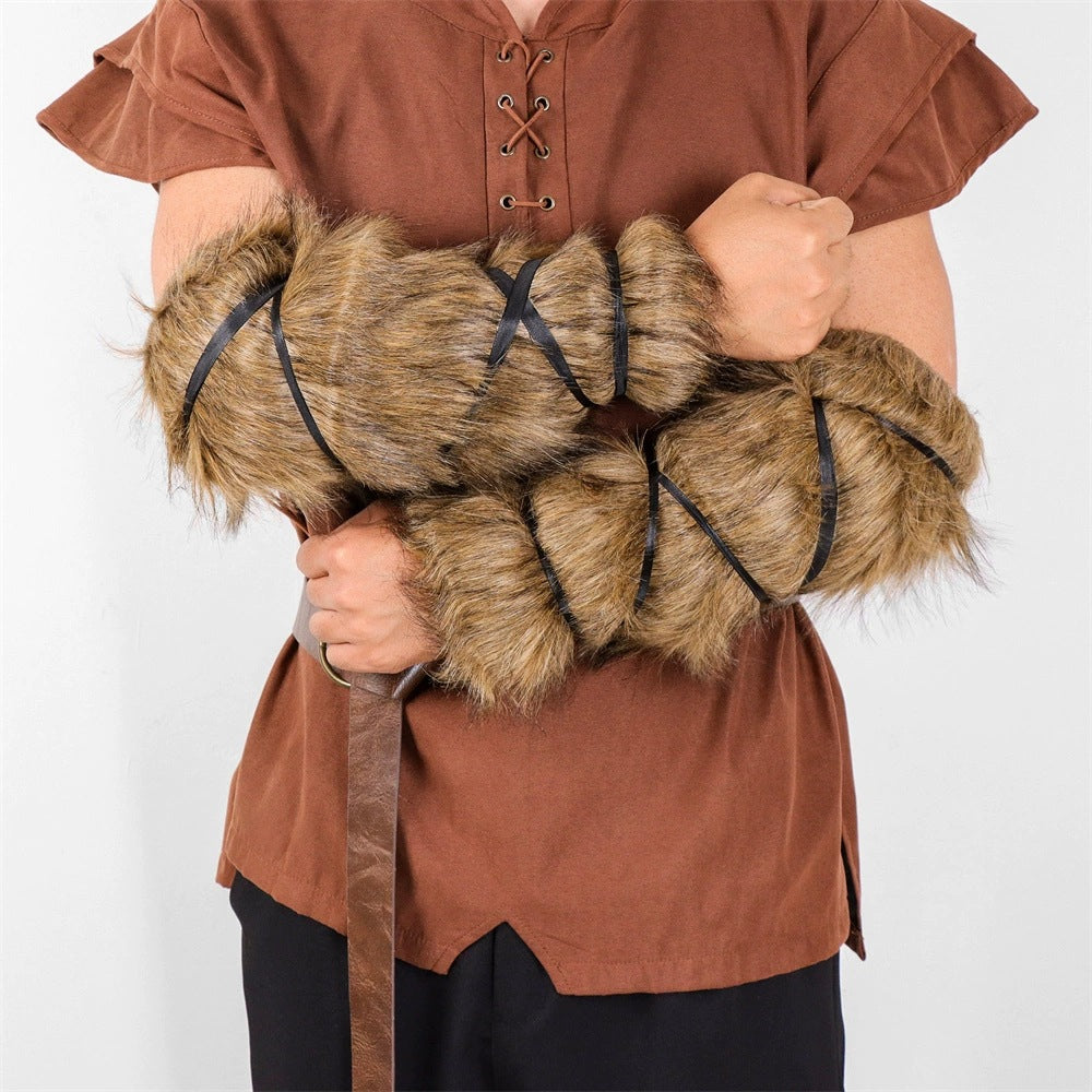Unisex Mittelalterliche Armstulpen aus Kunstpelz mit verstellbaren Lederbändern Nord Taschen